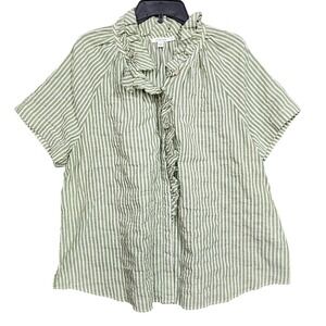 Chico's Women's Green Striped Ruffle Button Front Short Sleeve Top Size 4 US XXL